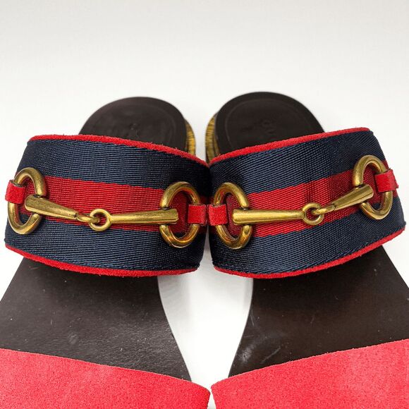 Gucci Querelle Red Suede Web Stripe Slide Heeled Wooden Sandals Women Size 36.5 - Picture 4 of 11
